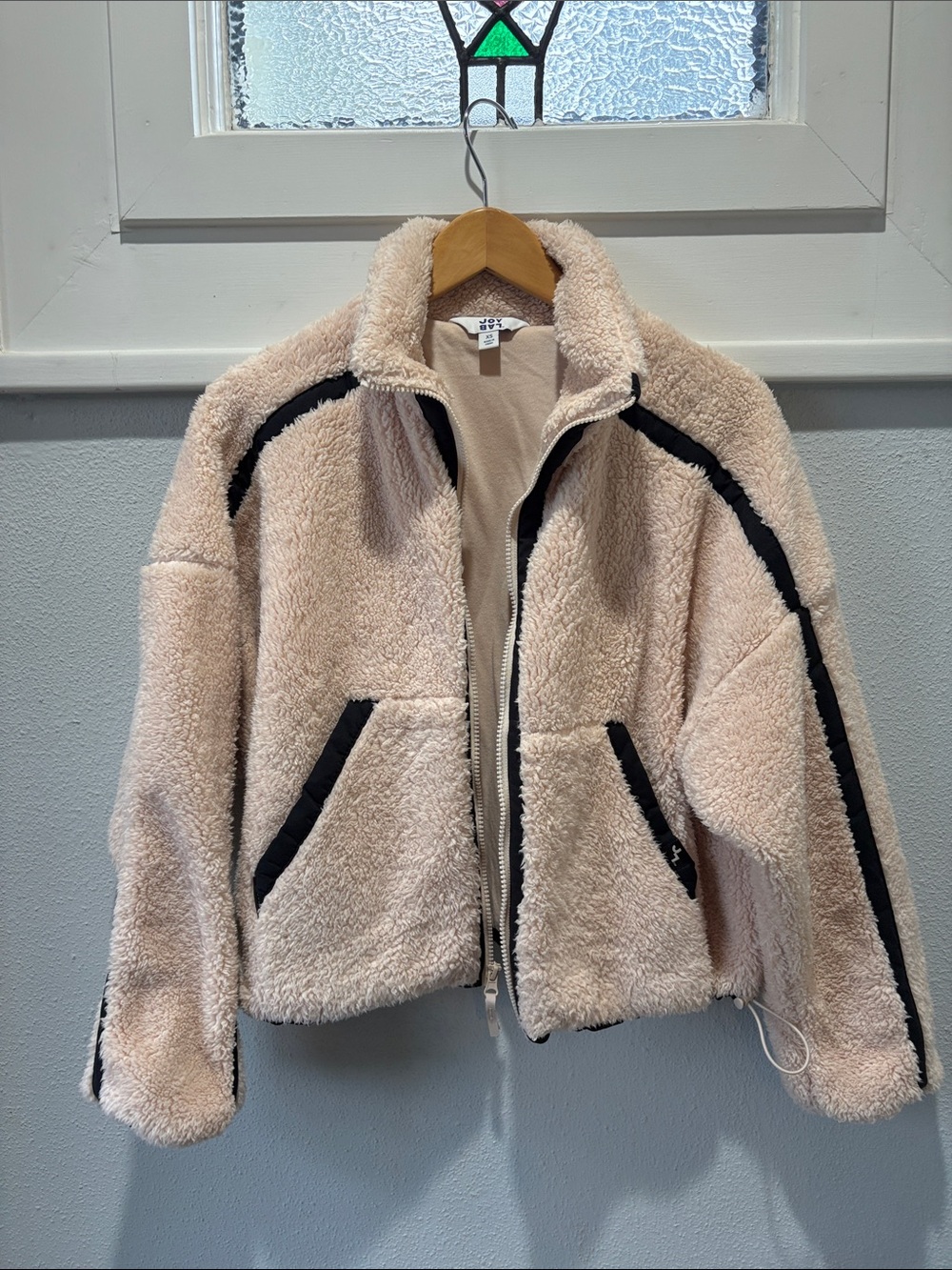 JoyLab Cream Target Teddy Jacket with Black Contrast Trim